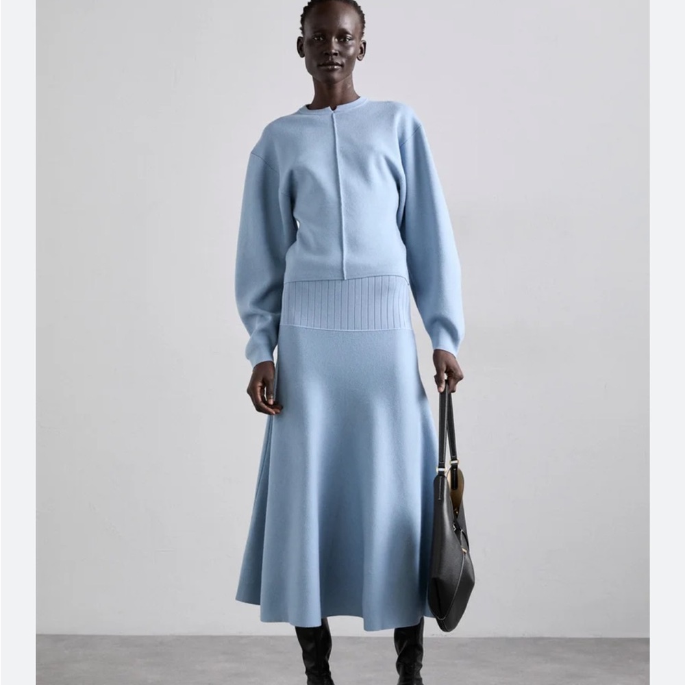 Proenza Scouler soufflé knit set midi skirt and top with round sleevesalabaster